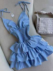 Vestido de fiesta para mujer de primavera/verano, vestido de cóctel, vestido de capas con tirantes finos, vestido sexy, vestido de dama de honor, vestido de vacaciones elegante - Lavado ligero - Ver 1