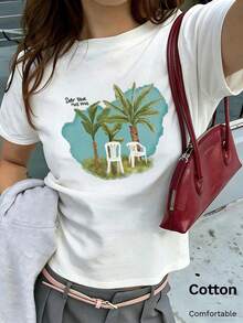 夏季新款圓領 DTMF 圖案修身落肩 T-shirt，度假旅行海灘穿搭 - 白色6 - 查看 1