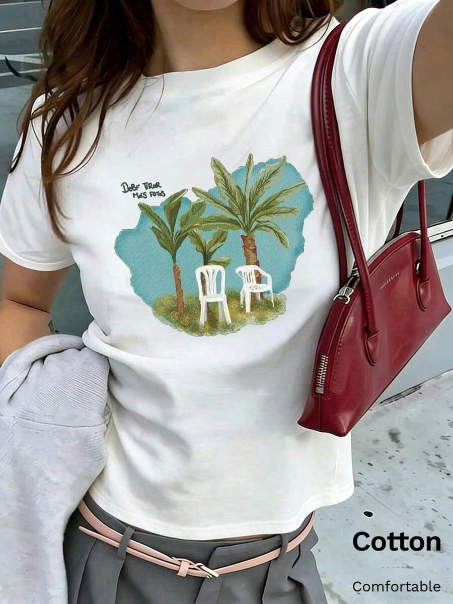 夏季新款圓領 DTMF 圖案修身落肩 T-shirt,度假旅行海灘穿搭 - 白色6 - 查看 1