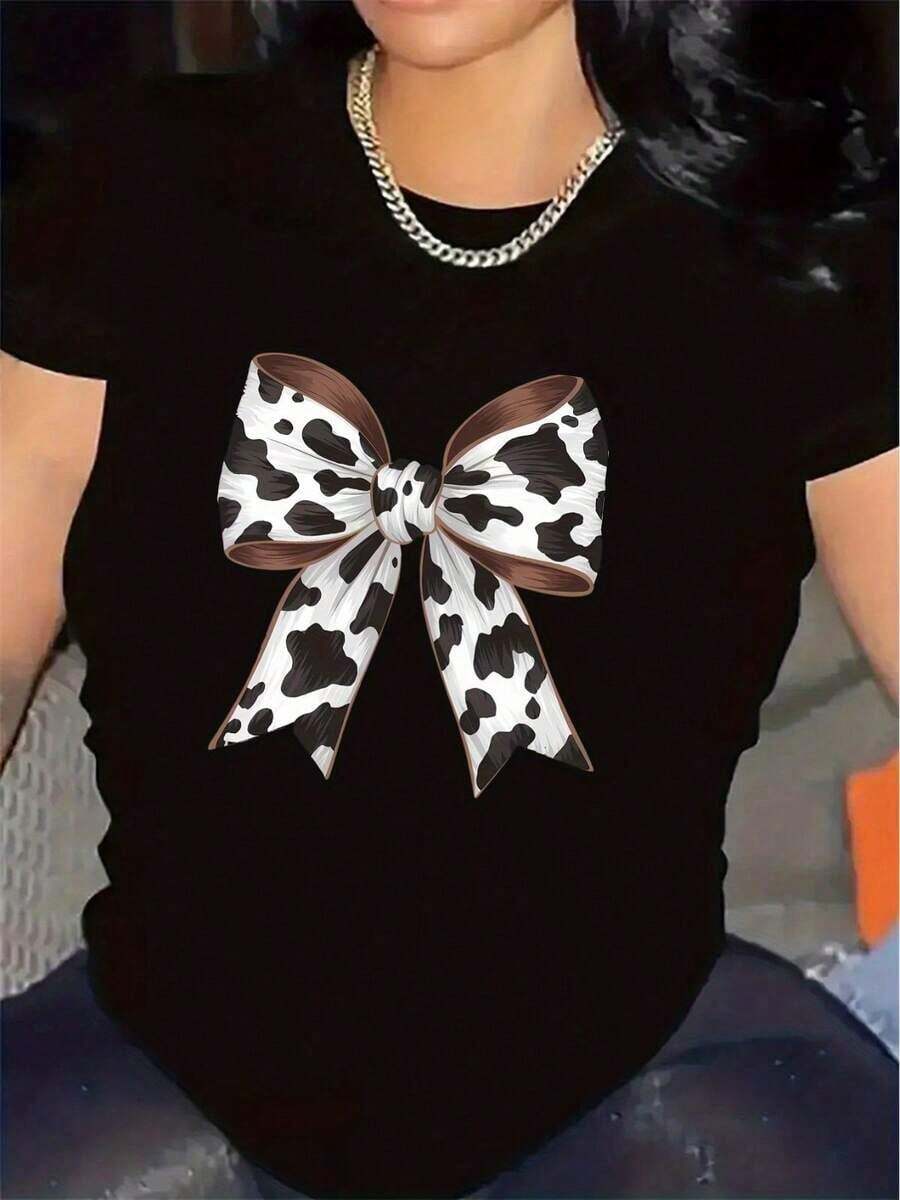 Short-Sleeved T-Shirt With Cow Print And Bow | Durable And Comfortable, Stylish Design For Casual Dinners, Soft Fabric, Ideal For Everyday Wear, Perfect For Indoor And Outdoor Environments, Round Neck, Medium Stretch Fabric. - 黑色 - 查看 1