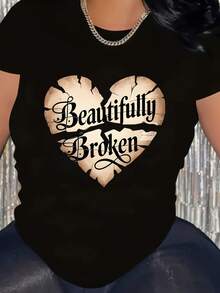 1 pieza de exquisita blusa con diseño de corazón roto, cómoda con cuello redondo, hecha de tela de poliéster lavable a máquina, adecuada para todas las estaciones, 180g 100% algodón. - Negro - Ver 2