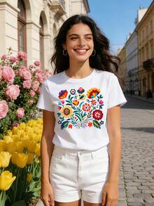Camiseta mexicana con estampado floral colorido para vacaciones, top casual de manga corta y cuello redondo para mujer -- Ligera y transpirable - Blanco - Ver 4