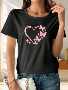 1 Women's Pink Short Sleeve T-Shirt With "Artistic Heart And Butterfly" Print, Made Of Soft And Breathable Polyester Fiber, Medium Elasticity, Machine Washable, Casual Short Sleeve T-Shirt With Round Neck And Print For Women, Modern Style, Short Sleeve Top, New 2026 Model, 180g 100% Cotton - 黑色 - 查看 1