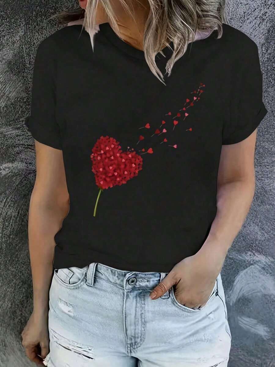 Limited EditionPlayera para mujer estilo casual dulce estampado de ramo en forma de corazón tela suave ajuste holgado cuello redondo manga corta primavera verano uso diario,San Valentín, corazónLightweight Cotton - Negro - Ver 1