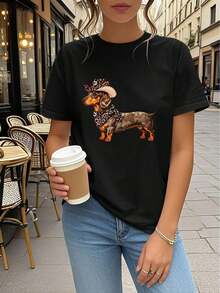 Women's Western Bohemian Style T-Shirt With Dachshund, Cowboy, And Leopard Print - Cute Dachshund Design With Cowboy Hat And Hoof Ears, Casual Short Sleeve Crew Neck Top For Spring, Summer, And Autumn, Clothing For Dachshund Lovers. Women's T-Shirts - 黑色 - 查看 7