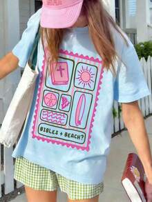 Women's "Bible + Beach" Pink And Green Plaid Graffiti Print Top, Short Sleeve, Loose Fit, Soft And Breathable Fabric, Sweet American Style, Suitable For Summer, Beach, Church Visits And Casual Outings With Friends - 白色 - 查看 1