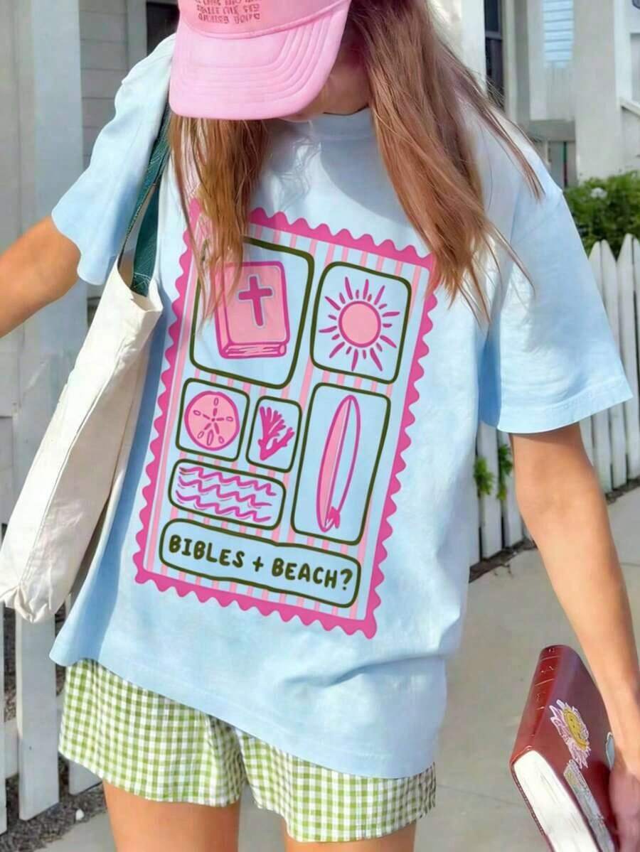Women's "Bible + Beach" Pink And Green Plaid Graffiti Print Top, Short Sleeve, Loose Fit, Soft And Breathable Fabric, Sweet American Style, Suitable For Summer, Beach, Church Visits And Casual Outings With Friends - 白色 - 查看 1