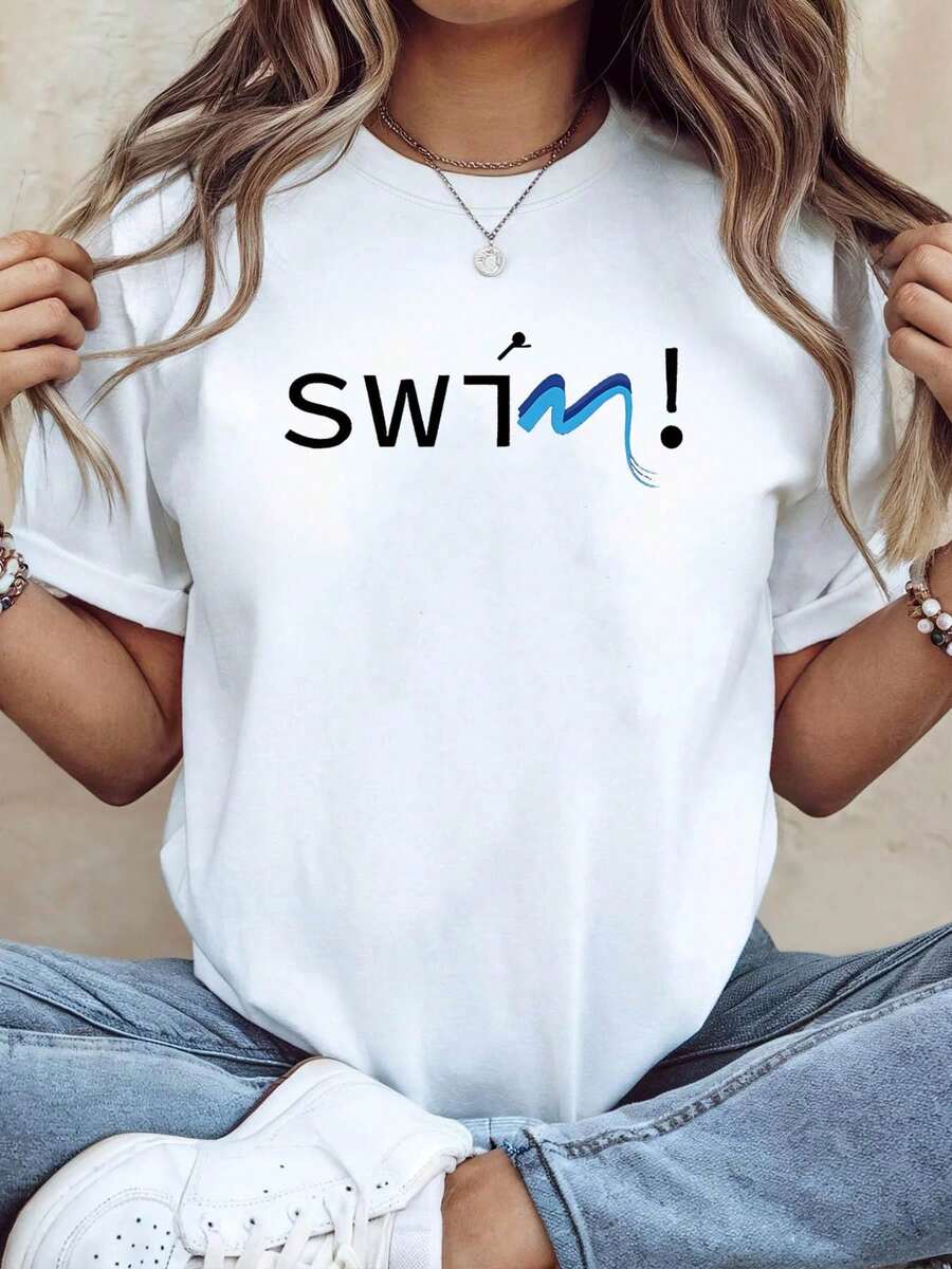 NOTHING! Women's Wave Print T-Shirt For Swimming Enthusiasts, Suitable For Swimming Lessons, Pool Parties, And Casual Outings. Simple And Vibrant Style, Short Sleeves, Perfect For Everyday Wear. Unisex Cotton T-Shirt, Vintage Style, Loose Fit, Short Sleeves, And Crew Neck. - 白色 - 查看 1