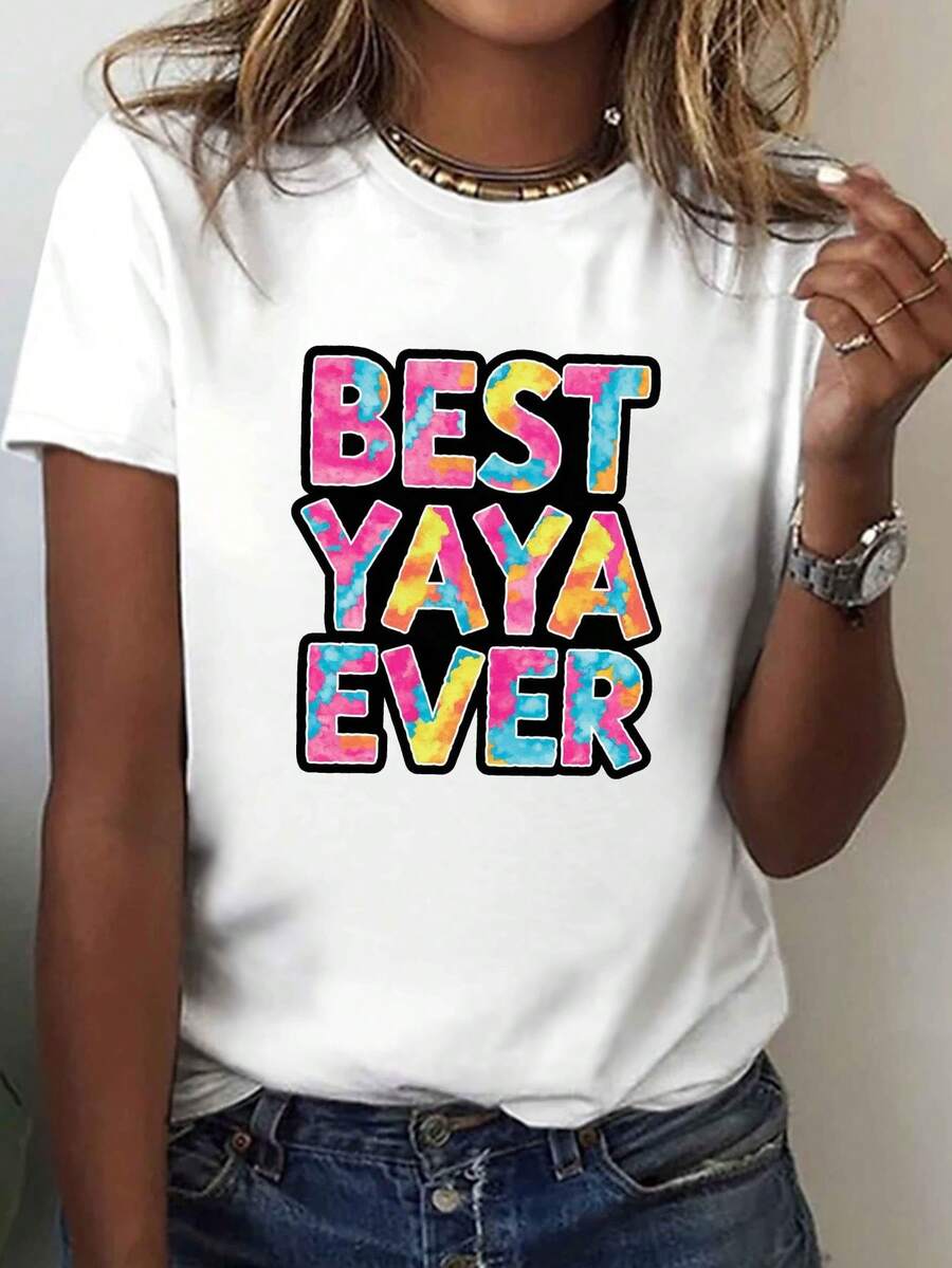 Women's Short Sleeve T-Shirt "Best Grandma" - Casual Round Neck Blouse With Watercolor Print, Spring Summer Casual Outfit Suitable For Grandma Gifts, Machine Washable Crop Top - 白色的 - 查看 1