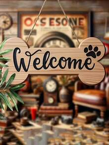 2D Flat Country Style Welcome Dog Bone Sign With Paw Print - Country Style Wall Decor, Suitable For Home, Porch Or Garden - Perfect For Easter And Spring | Handmade Faux Wood Craft | Porch Decor | Dog Themed Sign - C - View 3