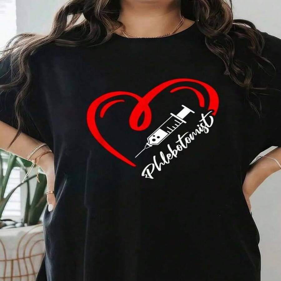 Women's Black Cotton Phlebotomist Heart Print Short Sleeve Round Neck T-Shirt, Casual and Comfortable Regular Fit Top - Negro - Ver 1
