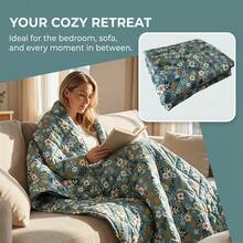 1pc Lightweight Floral Boho Style Ultrasonic Quilted Thin Blanket, Suitable For Summer, Skin-Friendly & Breathable, Versatile Design For Pets, RVs, Travel, Camping, Sofa, Office Chair, Bedroom, Easy Care Machine Washable, Great Summer Gift - Small Floral Print - Green - View 3