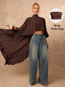 Nueva llegada Blusa elegante de mujer de alta gama con cuello suelto, bajo asimétrico con volantes, parte delantera corta y parte trasera larga - Marrón - Ver 1