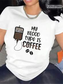 1 pieza, clásica y versátil, camiseta de manga corta de algodón puro, adecuada para usar en cualquier estación. El dise?o de mi tipo sanguíneo es café, estilo moderno - Blanco - Ver 1