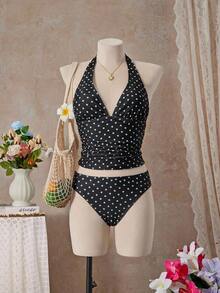 Women's Sexy Polka Dot Print Tie-Neck Tankini Swimsuit With Open Back, Suitable For The Beach And Vacation - 黑白2 - 查看 5