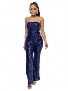 Mono nuevo para mujer, estilo hot, sin mangas, de lentejuelas, espalda descubierta, con cintas, top tubo, diseño sexy, perfecto para fotos de , club nocturno, fiestas y looks de noche - Azul oscuro - Ver 4