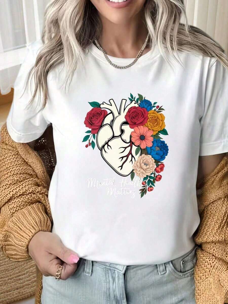 Women's Short Sleeve T-Shirt, Round Neck, Short Sleeves, Mental Health Matters, Floral Heart Anatomical Design, Fun Print, Suitable For Christmas Parties, Sports Activities, Holiday Parties, Outings, Sports And Other Christmas Gifts - 白色 - 查看 1