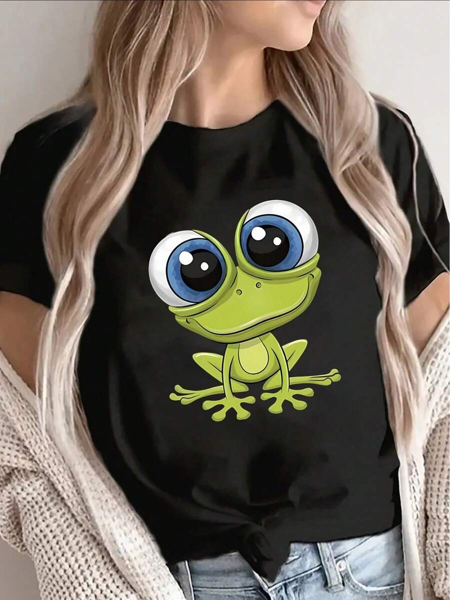 Camiseta de manga corta de poliéster para mujer, estampada con un lindo diseño de rana, ligera y duradera, adecuada para el hogar, restaurantes o uso casual al aire libre, cómoda y ajustada para el uso diario. - Negro - Ver 1