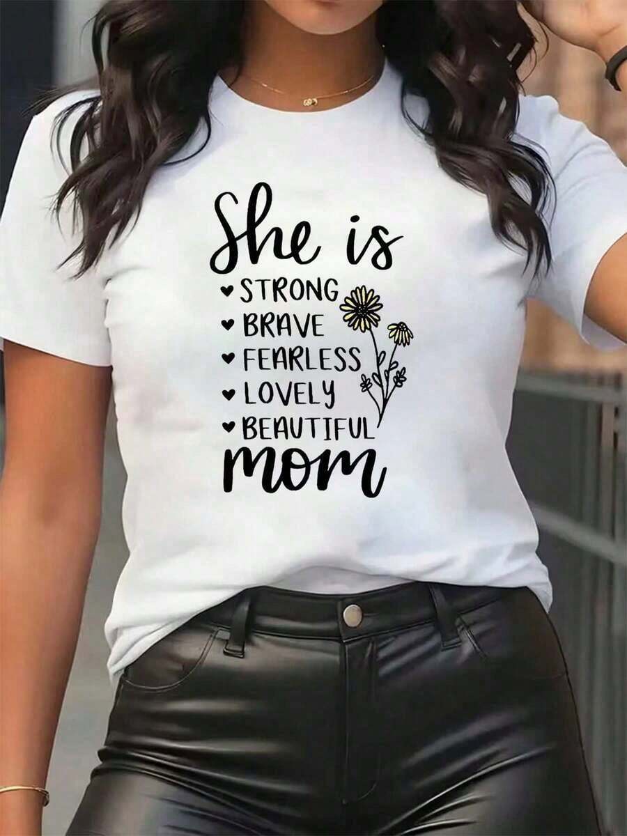 Women's Floral Print T-Shirt "She Is Strong, Brave, Fearless, Charming, Beautiful Mom", Round Neck, Casual Daily Wear, Soft And Comfortable, Mother's Day Gift - 白色 - 查看 1