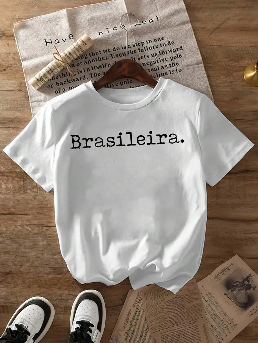 Mexican T-Shirt With MexicanBRASILEIRA Letter Print, New Round Neck T-Shirt For Spring And Summer, Women's Clothing, Cotton T-Shirt, Summer Fashion - 白色 - 查看 1