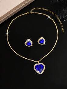 Luxury Red Heart-Shaped Gemstone Jewelry Set, Versatile Clavicle Chain, Bridal Wedding Dress Accessory - 1808 Blue-hB - View 5