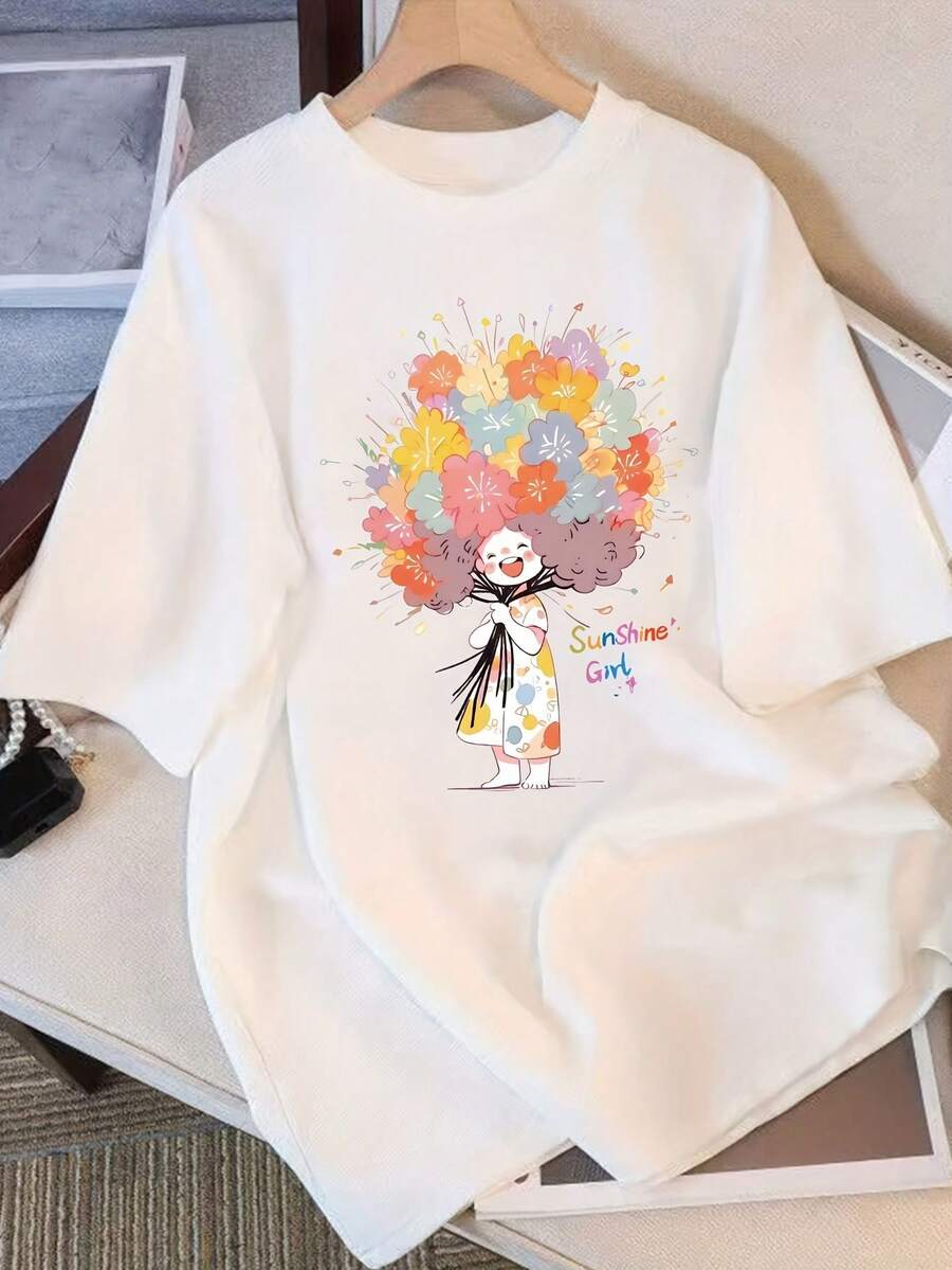 Camiseta Pura para Mujer Manga Corta Diseño de Nicho y Estampado 2025 Verano Nuevo Top Holgado de Manga Media y Ajustado para Mujer - [Blanco] - Ver 1