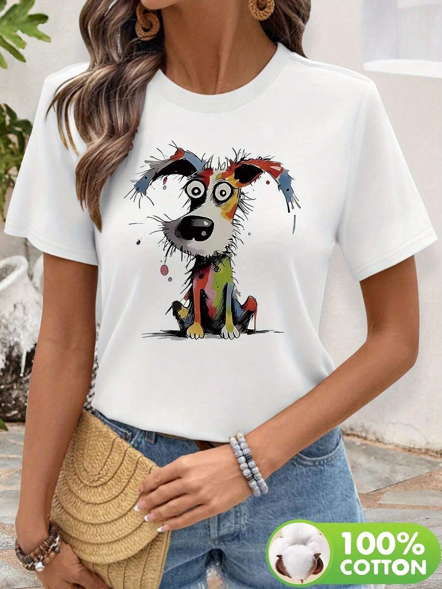 Camiseta de mujer de manga corta y cuello redondo, casual y de moda, esencial de verano, de alta calidad, con estampado gráfico - Blanco - Ver 1