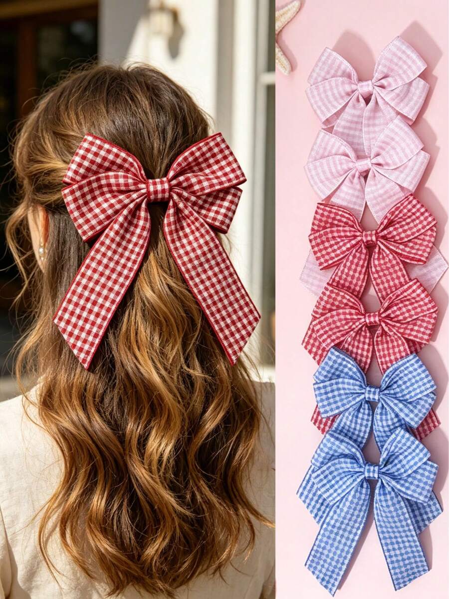 2 piezas Pinza de pelo con lazo de doble capa con estampado de cuadros, accesorios de pelo versátiles y casuales, adecuados para el uso diario en primavera/verano - Multicolor - Ver 1