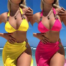Nuevo traje de baño de tres piezas con falda larga de malla y diamantes brillantes de color sólido. - Amarillo - Ver 2