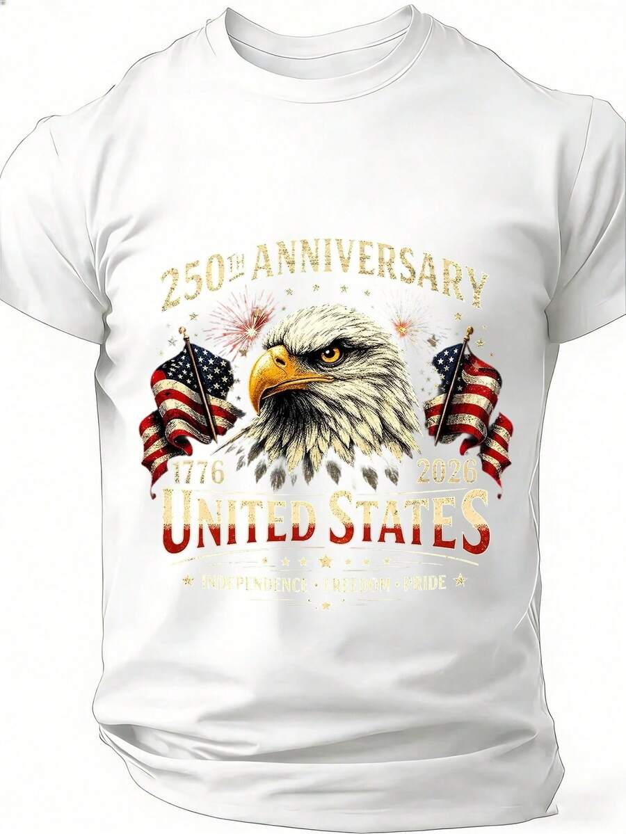 Camiseta Patriótica Unisex Americana con Águila para el 250º Aniversario de la Independencia - Celebrando la Libertad y la Herencia de los Estados Unidos 1776-2026. Diseño vintage con un águila y la bandera estadounidense, adecuada para el 4 de julio, el Día de la Independencia y uso casual - Un regalo ideal para hombres y mujeres patriotas. - Blanco - Ver 1