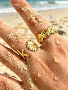 2pcs Titanium Steel Classic Fashion, Luxury, Hip-Hop, Cute, Retro, Minimalist Adjustable Rings, Suitable For Various Outfits, Work, Study, Travel, Carnival, Concerts, Parties, Also Great For Holiday Gifts - Golden-starfish and Conch - View 3