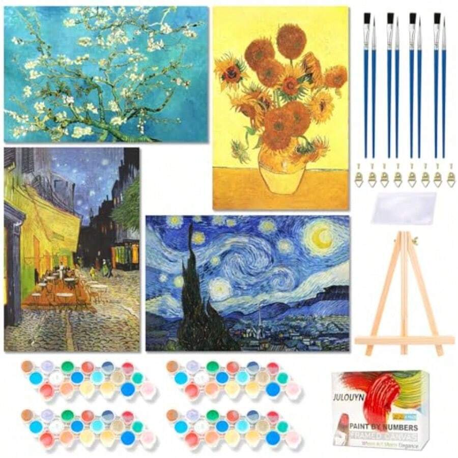 Fokenzary 大人向け塗り絵キット DIY カフェ 星空 ひまわり あんずの花 ゴッホ キャンバス イーゼルとアクリル絵の具付き フレーム付き 20x30cm×4枚 - 写真の通り - チェックする 1