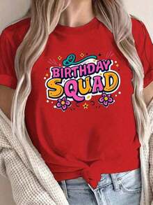 Camiseta holgada y versátil con estampado de fiesta de cumpleaños, camiseta casual de manga corta y cuello redondo para primavera y verano, nueva llegada para mujer. Camiseta casual de manga corta y cuello redondo para mujer, top de verano para mujer. Camiseta básica de algodón con cuello redondo para mujer. - Rojo - Ver 11