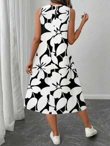 Vestido casual de mujer con estampado floral de cuello redondo y longitud media, adecuado para primavera/verano, apropiado para salir, vestido elegante, casual - Multicolor 2 - Ver 3