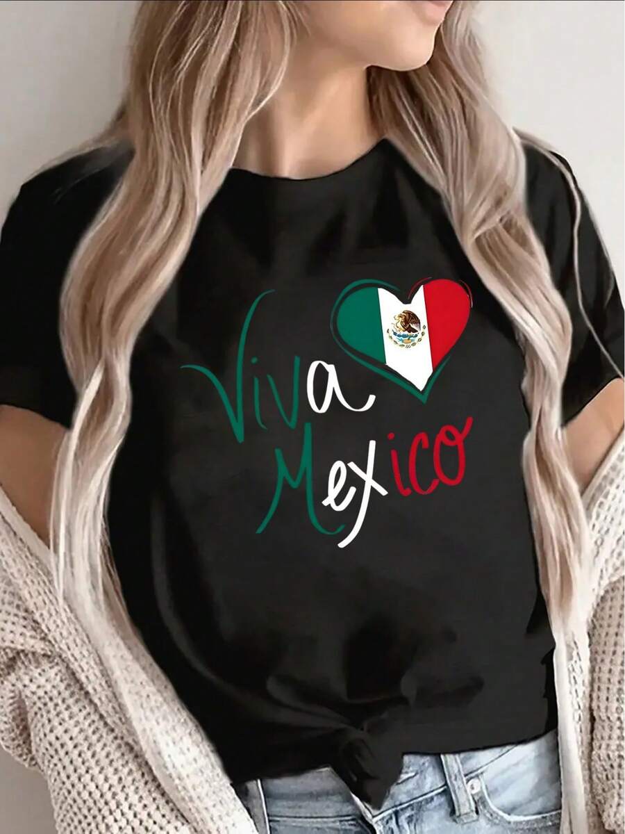 La camiseta de algodón puro es una camiseta negra de poliéster de manga corta con un diseño de "Viva México", adecuada para Halloween, uso casual en casa y ocasiones de fiesta. Es duradera y ligera, ideal para usar en la sala de estar o el comedor, y ofrece un aspecto cómodo e informal para ocasiones festivas. - Negro - Ver 1