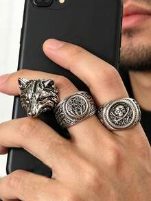 Set 3 Cincin Hewan Ukir Gotik Mewah, Aksesori Rock Punk Ukiran Misterius Budaya Vintage Es & Api, Pakaian Kasual Sehari-hari, Hadiah Berkualitas Tinggi untuk Pesta, Unisex - Antique Silver - View 11