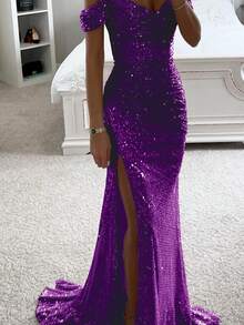 Vestido largo de gala formal con escote hombros descubiertos, fruncido, con lentejuelas y abertura alta tipo sirena - Morado - Ver 2