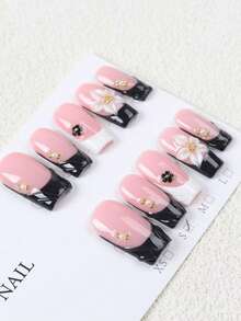 10pcs Elegant Square Nail Stickers, Nude Pink False Nails With Black French Tips, Decorated With 3D White Flowers, Small Black Flowers And Gold Beads, Glossy Luxurious Feminine Style, Reusable, Suitable For Daily Wear, Dates And Parties, Great Gift For Women And Girls - Follow Your Heart - View 2
