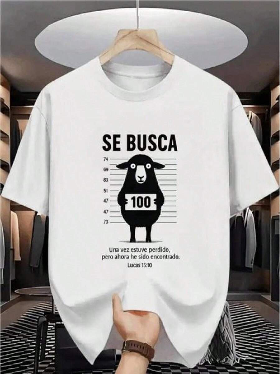 Men's T-Shirt, White Short-Sleeved T-Shirt With Sheep Pattern, Breathable Fabric, Moderate Elasticity, Round Neck T-Shirt, Blouse Suitable For Everyday Leisure And Outdoor Activities - 黑色 - 查看 1