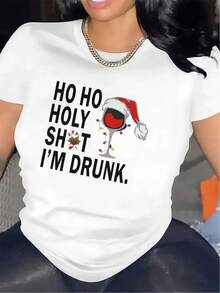 Camiseta de manga corta para mujer |   Material de fibra, diseño navideño divertido, patrón de gorro navideño y copa de vino, ligero y duradero, perfecto para fiestas navideñas, restaurantes o uso en el hogar, ajuste cómodo, estilo casual, cuello redondo, tela ligeramente elástica. - Blanco - Ver 12