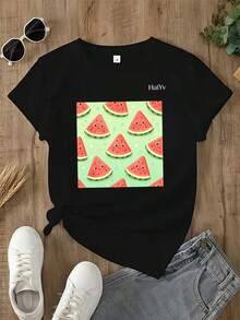 Oferta por tiempo limitado, cantidad limitada disponible,  relámpago, camisas de mujer, camisetas de mujer Playera Casual Blanca de Mujer con Diseño Lindo de Sandía, Camiseta Manga Corta Cuello Redondo, Estilo Kawaii , Ropa Comoda para Jovenes y Uso Diario - Negro - Ver 3
