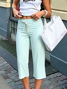 Womens Striped Capri Pants Casual Loose Fit Stylish Elastic Mid Rise Trousers With Drawstring Waistband - 薄荷色 - 查看 5
