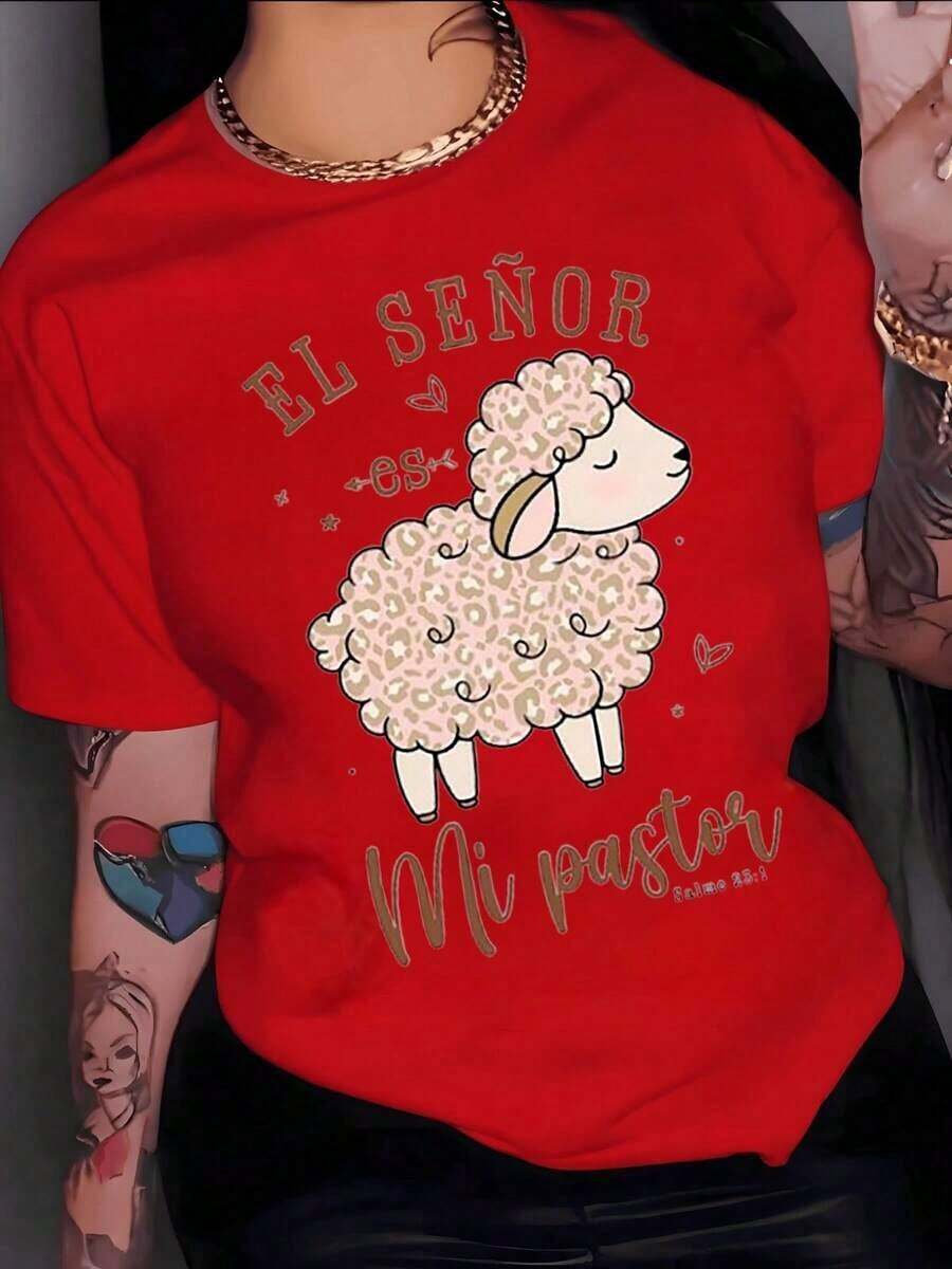 FashionNEWOveja tierna con mensaje espiritual que simboliza fe esperanza y calma interior recordando que el Señor guía cada paso camiseta para mujer 100% algodón suave y cómoda-Vintage Street Style Unisex Loose Cotton Short Sleeve Crew Neck T-Shirt - Rojo - Ver 1
