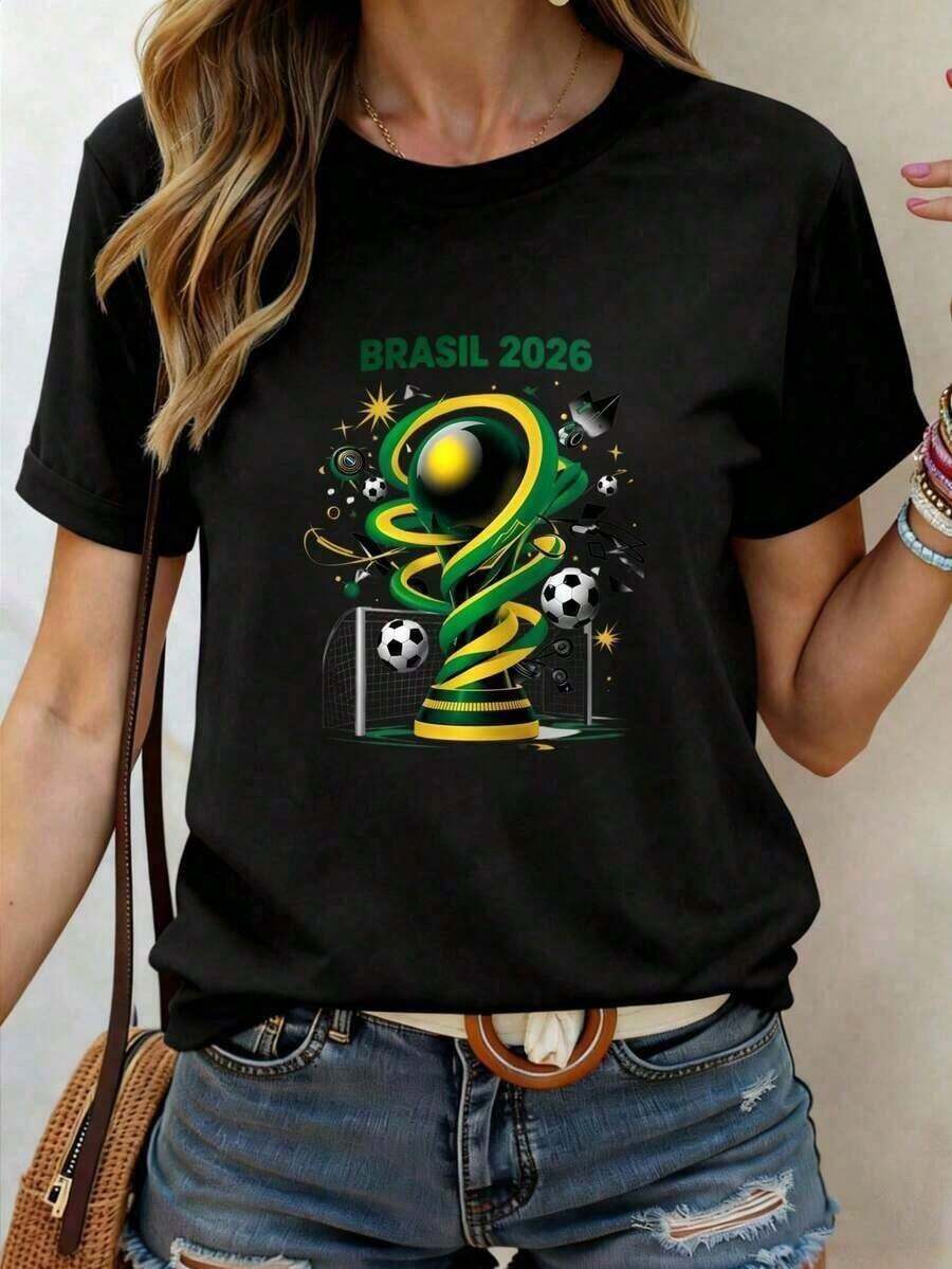 Camiseta gráfica casual juvenil con estampado de evento deportivo, diseño de trofeo de la Copa Mundial de Fútbol Brasil 2026, camiseta casual de cuello en V para mujer, top blanco, ropa para fanáticos del deporte, adecuada para actividades deportivas, fiestas, salidas y eventos deportivos. - Negro - Ver 1