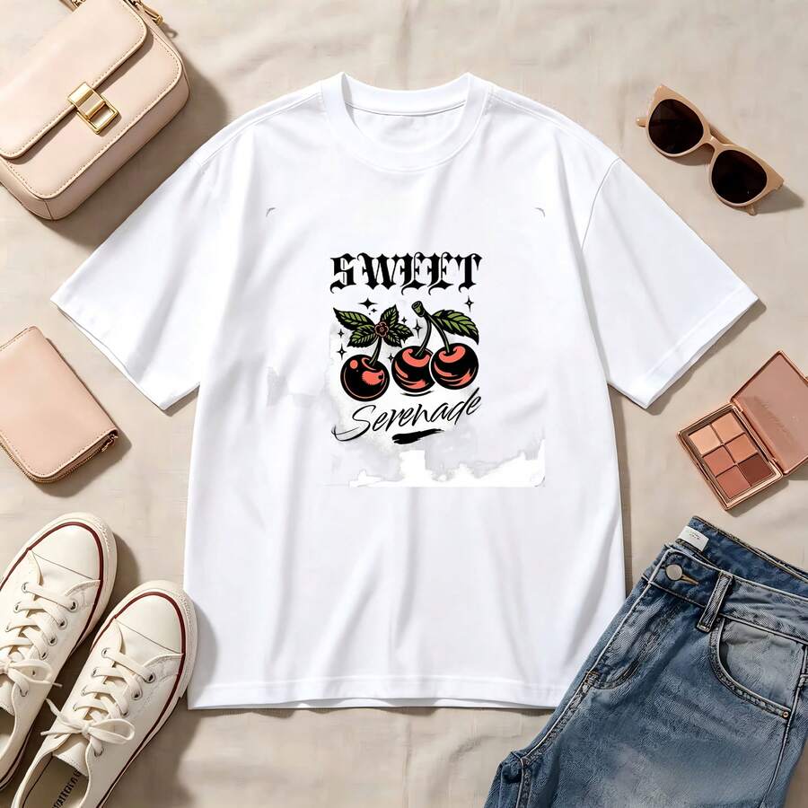 Retro Cherry Print, 100% Cotton Oversized Soft Breathable Casual Crewneck Short Sleeve Top, Summer Vibes Streetwear Kawaii Aesthetic Women's Fashion - Blanco - Ver 1