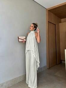 2pcs/Set Striped Elegant Casual Front Short Back Long Halter Top And Wide Leg Pants Suit, Summer Holiday Outfit - Apricot - View 7