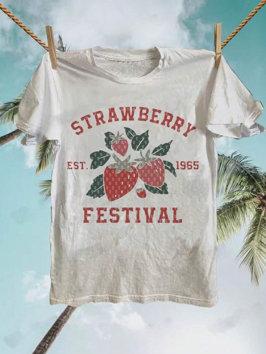 1 camiseta vintage del Festival de Fresas - Camiseta con diseño de frutas inspirada en 1965, camiseta casual de verano, cómoda y transpirable, perfecta para festivales de verano, viajes a la playa, regalo casual, adecuada para mujeres, hombres, familiares y amigos, 180g 100% algodón. - Blanco - Ver 1