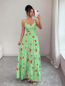 MSBreezaya Nuevo vestido vintage con estampado floral para cumpleaños y boda, de múltiples capas, patchwork, con lazo lindo para mujer.Vestido floral - Verde - Ver 4