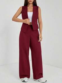 de 2 piezas de ropa de otoño, top sin mangas y pantalones de unicolor para mujer - Burdeos - Ver 7