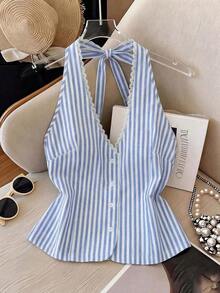 top de verano para mujer con cuello halter y volantes, blusa elegante y sexy con rayas frescas, blusa con cuello halter, adecuada para vacaciones, citas, blusa a rayas azules código Z65c7, ropa de descuento para mujeres, blusas elegantes y de - Azul - Ver 8
